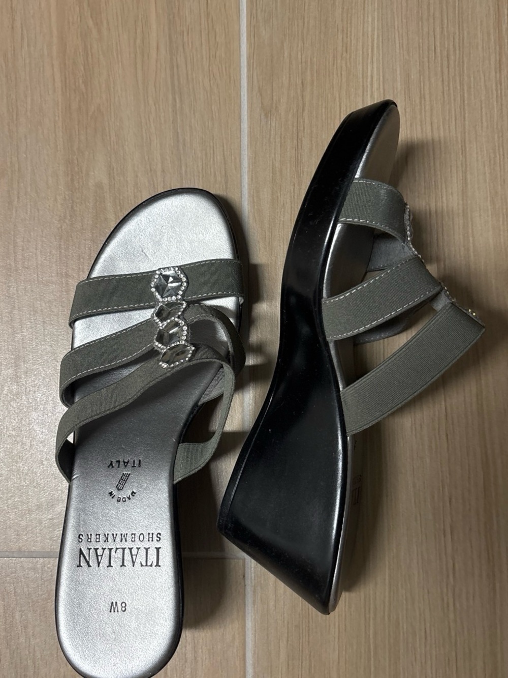 Italian Shoemakers Olive Wedge Slide Sandals with Crystal Accents